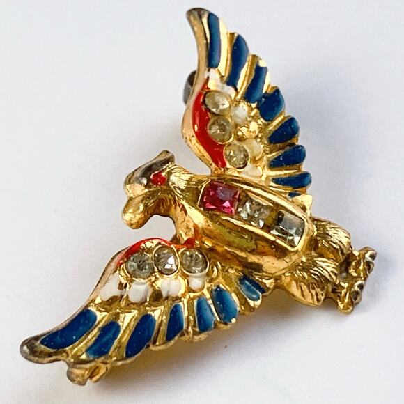 Signed Coro WWII Sterling Craft Eagle 1940s Pin Gold Wash Enamel Brooch Vermeil - Picture 4 of 11